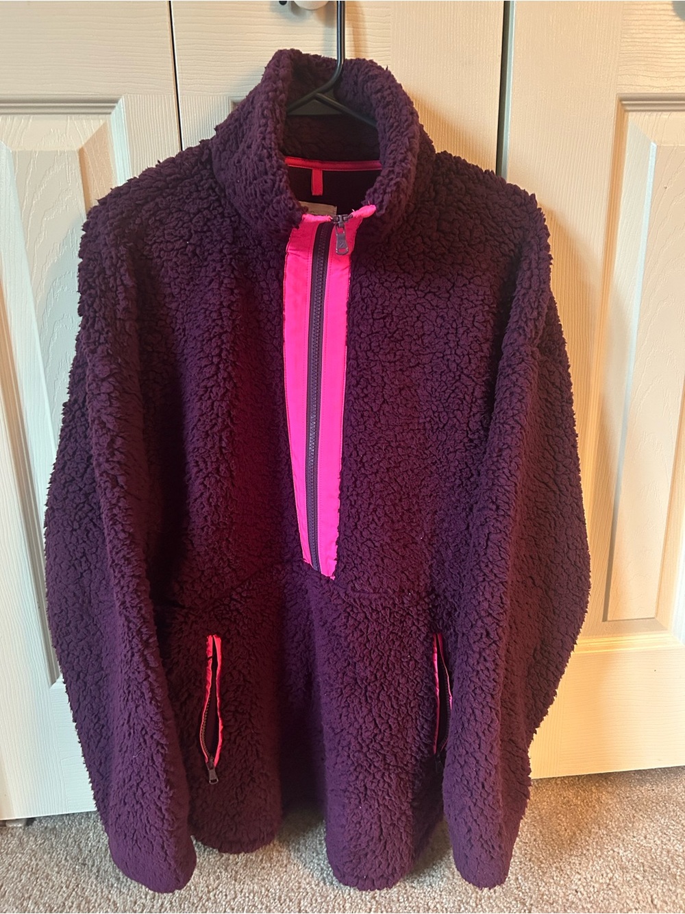 Loft Lou & Grey Women's Plush Sherpa Pullover Jacket in Deep Plum with Pink Trim